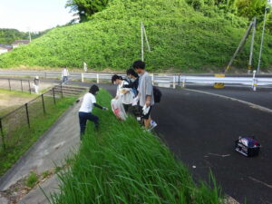 道路わきの草むらの中のゴミを発見